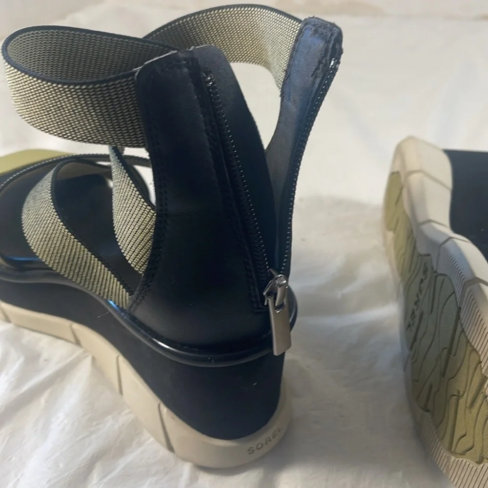 Sorel Women’s Joanie lll Sport Ankle Strap Black and Olive Platform Wedge Sandal